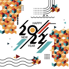 Happy new year 2022 banner with modern geometric. Abstract background in retro style. Happy new year greeting card design for year 2022 calligraphy. Year of the Tiger 2022. Vector illustration.