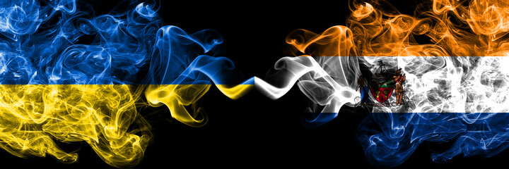 Ukraine, Ukrainian vs United States of America, America, US, USA, American, Albany, New York smoky mystic flags placed side by side. Thick colored silky abstract smokes flags.