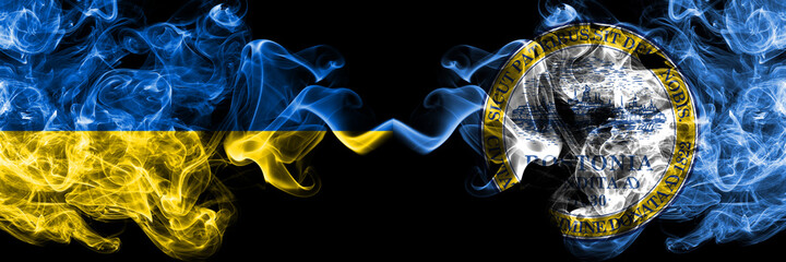 Ukraine, Ukrainian vs United States of America, America, US, USA, American, Boston, Massachusetts smoky mystic flags placed side by side. Thick colored silky abstract smokes flags.