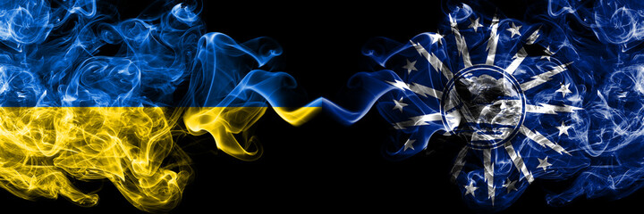 Ukraine, Ukrainian vs United States of America, America, US, USA, American, Buffalo, New York smoky mystic flags placed side by side. Thick colored silky abstract smokes flags.