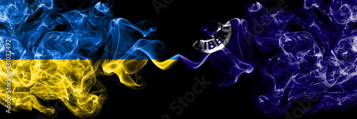 Ukraine, Ukrainian vs United States of America, America, US, USA, American, Fort Moultrie, South Carolina smoky mystic flags placed side by side. Thick colored silky abstract smokes flags.