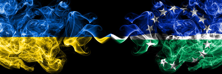 Ukraine, Ukrainian vs United States of America, America, US, USA, American, Hampton Roads, Virginia smoky mystic flags placed side by side. Thick colored silky abstract smokes flags.