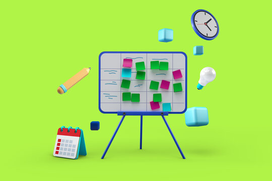 creative presentation with items such as a pencil calendar and a clock,3d illustration