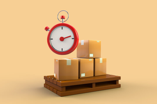 pallet with parcel boxes and a stopwatch, 3d illustration