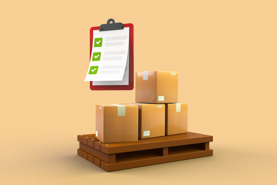 pallet with parcel boxes and certification check list, 3d illustration