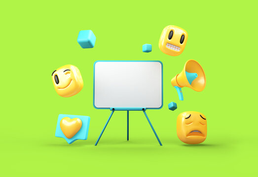 social media presentation with emojis, 3d illustration