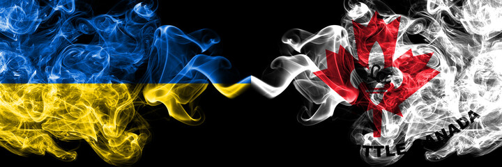 Ukraine, Ukrainian vs United States of America, America, US, USA, American, Little Canada, Minnesota smoky mystic flags placed side by side. Thick colored silky abstract smokes flags.
