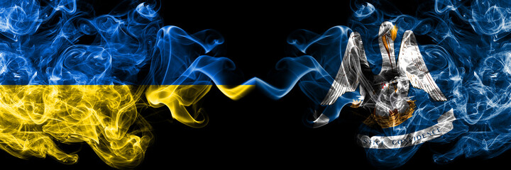 Ukraine, Ukrainian vs United States of America, America, US, USA, American, Louisiana smoky mystic flags placed side by side. Thick colored silky abstract smokes flags.