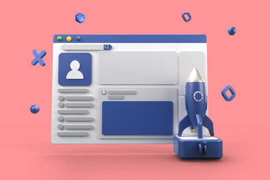 social page connected to a rocket ship 3d illustration