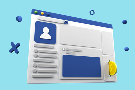 social page with coins to pay for advertisements, 3d illustration