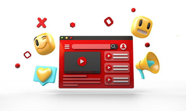 social page with emojis and megaphone symbols, 3d illustration