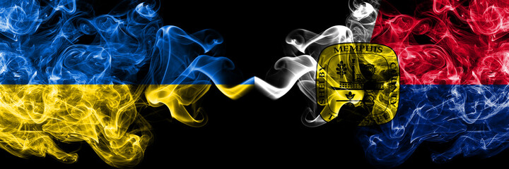 Ukraine, Ukrainian vs United States of America, America, US, USA, American, Memphis, Tennessee smoky mystic flags placed side by side. Thick colored silky abstract smokes flags.