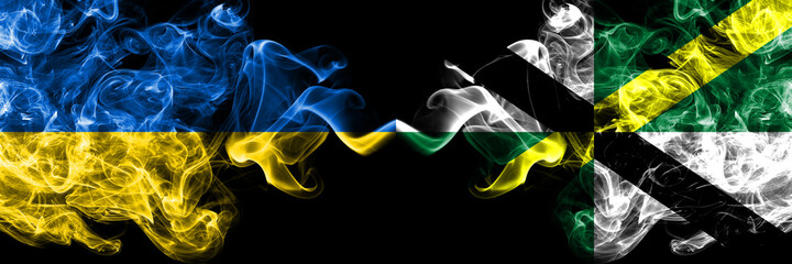 Ukraine, Ukrainian vs United States of America, America, US, USA, American, Monterey, California smoky mystic flags placed side by side. Thick colored silky abstract smokes flags.