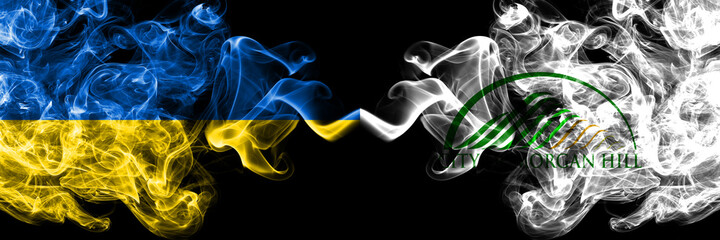Ukraine, Ukrainian vs United States of America, America, US, USA, American, Morgan Hill, California smoky mystic flags placed side by side. Thick colored silky abstract smokes flags.