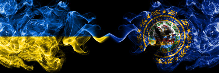 Ukraine, Ukrainian vs United States of America, America, US, USA, American, New Hampshire  smoky mystic flags placed side by side. Thick colored silky abstract smokes flags.