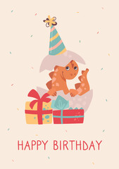 Birthday card. A small dinosaur hatched from an egg. Dino smiles, celebration, fun and gifts. Festive vector card for children.