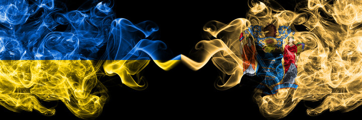 Ukraine, Ukrainian vs United States of America, America, US, USA, American, New Jersey smoky mystic flags placed side by side. Thick colored silky abstract smokes flags.