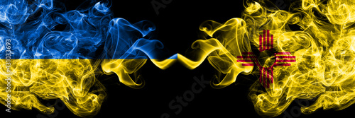 Ukraine, Ukrainian vs United States of America, America, US, USA, American, New Mexico smoky mystic flags placed side by side. Thick colored silky abstract smokes flags.