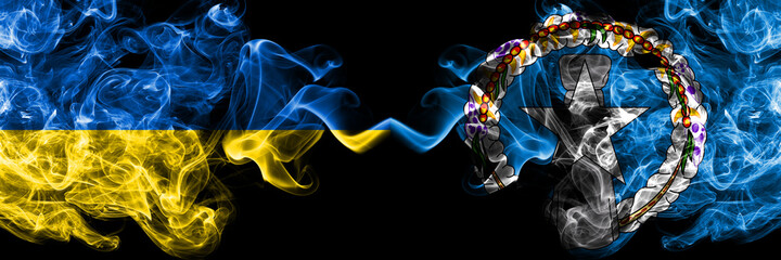 Ukraine, Ukrainian vs United States of America, America, US, USA, American, Northern Mariana Islands smoky mystic flags placed side by side. Thick colored silky abstract smokes flags.