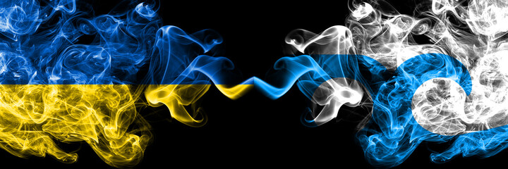 Ukraine, Ukrainian vs United States of America, America, US, USA, American, Ocean City, Maryland smoky mystic flags placed side by side. Thick colored silky abstract smokes flags.