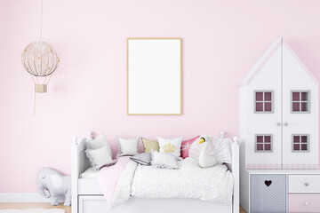 kids room frame mockup pink a4, 3d render