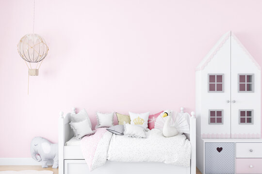 kids room mockup pink wall mockup,  3d render