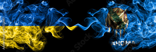 Ukraine, Ukrainian vs United States of America, America, US, USA, American, Oklahoma smoky mystic flags placed side by side. Thick colored silky abstract smokes flags.