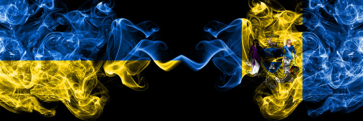 Ukraine, Ukrainian vs United States of America, America, US, USA, American, Philadelphia, Pennsylvania smoky mystic flags placed side by side. Thick colored silky abstract smokes flags.