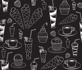 Food and drink vector seamless pattern with hand drawn desserts, ice-cream cones and cookies, drinks, sweets, cakes