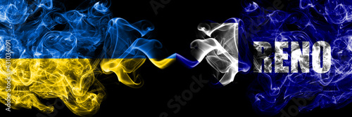 Ukraine, Ukrainian vs United States of America, America, US, USA, American, Reno, Nevada smoky mystic flags placed side by side. Thick colored silky abstract smokes flags.