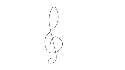 A treble clef and notes are drawn by a single black line on a white background. Continuous line drawing. illustration.