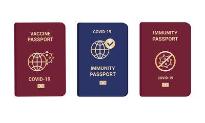 Collection coronavirus Immunity and vaccine passports. Passport with mark of immunity and vaccination. Crossed-out virus. Red and blue passport on white background. Vector flat illustration