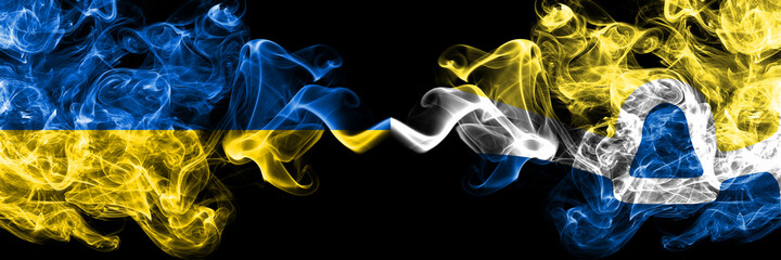 Ukraine, Ukrainian vs United States of America, America, US, USA, American, San Luis Obispo, California smoky mystic flags placed side by side. Thick colored silky abstract smokes flags.