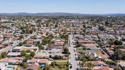 Tuinposter Sunny daytime aerial view of a residential district of Baldwin Park, California, USA. © Matt Gush