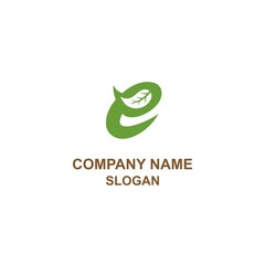 E lowercase letter initial logo, with leaves in negative space style.
