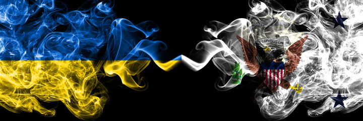 Ukraine, Ukrainian vs United States of America, America, US, USA, American, Vice President smoky mystic flags placed side by side. Thick colored silky abstract smokes flags.