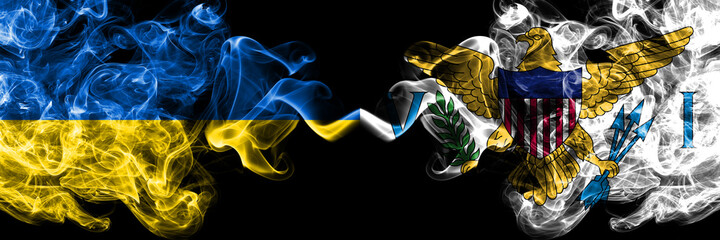 Ukraine, Ukrainian vs United States of America, America, US, USA, American, Virgin Islands smoky mystic flags placed side by side. Thick colored silky abstract smokes flags.