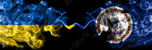 Ukraine, Ukrainian vs United States of America, America, US, USA, American, Virginia smoky mystic flags placed side by side. Thick colored silky abstract smokes flags.
