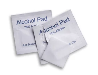Gordijnen Alcohol pads for disinfection use packed on white background,alcohol swab © showcake
