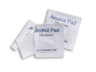 Alcohol pads for disinfection use packed on white background,alcohol swab