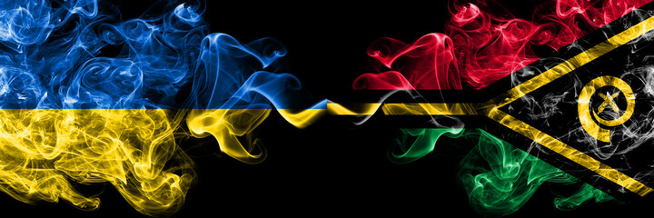 Ukraine, Ukrainian vs Vanuatu smoky mystic flags placed side by side. Thick colored silky abstract smokes flags.