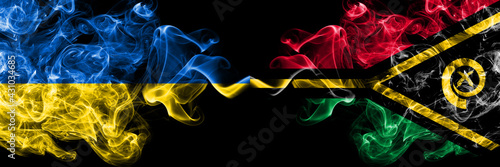 Ukraine, Ukrainian vs Vanuatu smoky mystic flags placed side by side. Thick colored silky abstract smokes flags.