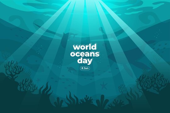 World oceans day 8 June. Save our ocean. Silhouette fish were swimming underwater with beautiful coral and seaweed background vector illustration. 