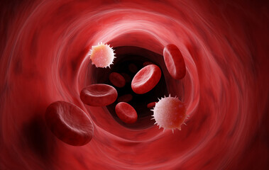 Visualize of white blood cells flow in vein among red blood cells, health care and technology concept