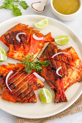 Tandoori Pomfret Fish, Popular Indian Seafood Dish, Top Down Vertical Photo
