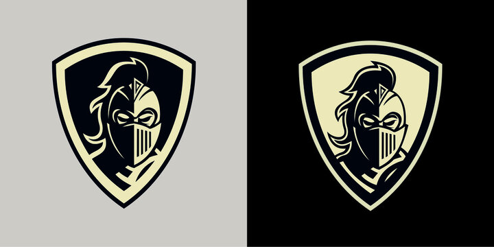 Spartan warrior head mascot logo in shield.