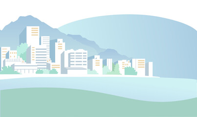 Naklejka premium Summer landscape with a coastal town. Colored vector illustration.