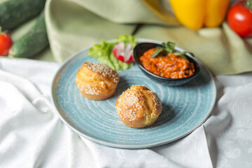 Home made breakfast with muffins and Pepper Relish