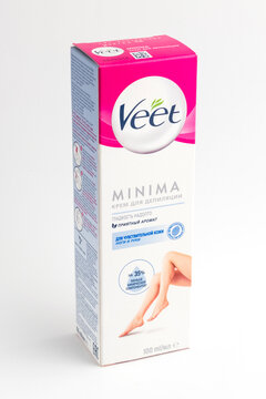Veet cream for depilation of hands and feet, for sensitive skin. packaging of cream on a light background
