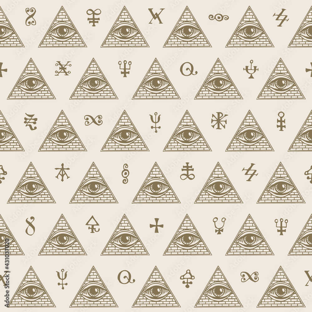Poster geometric seamless pattern with signs of an all-seeing eye inside a triangular pyramid and magic sym